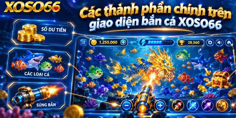 Bắn Cá XOSO66 – Cách Chơi, Cơ Chế Đạn Và Phòng Game 2026 2 Các thành phần chính trên giao diện bắn cá XOSO66